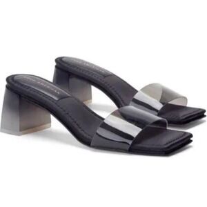 GOOD‎ AMERICAN Black Side Sandal Two Tone Block Heel Square Toe Satin Size 10